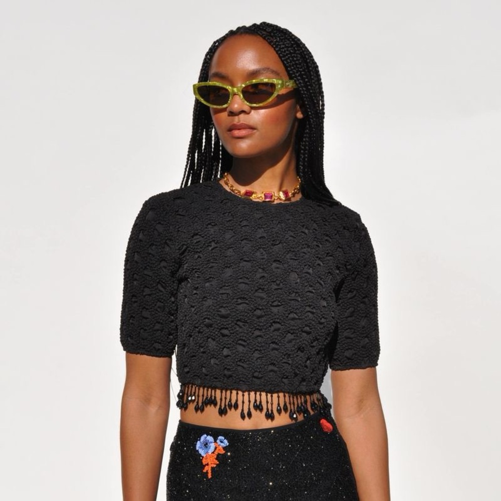 Ganni Black Smocked Satin Top